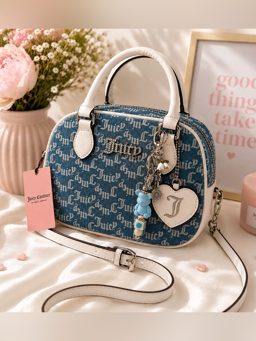 Juicy Couture Denim Monogram Crossbody Satchel Bag Blue White Heart Charm NWT